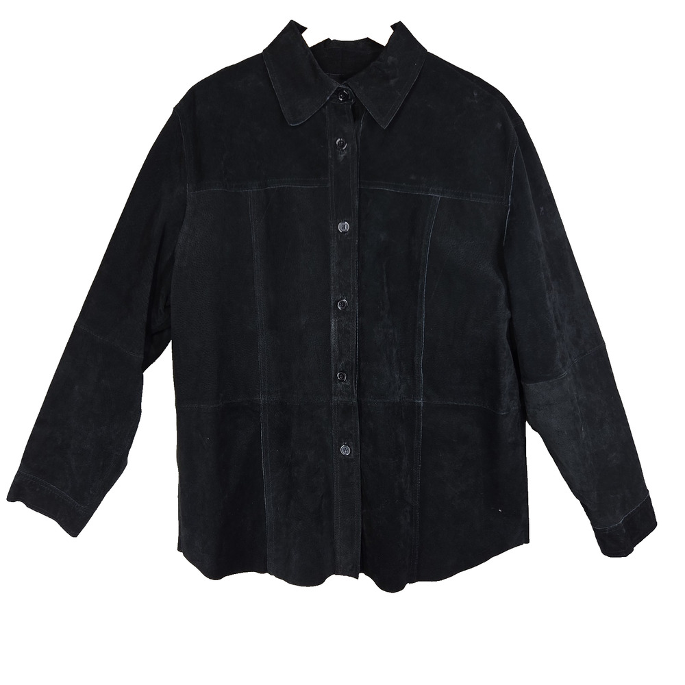 Vtg Nygard Collection Leather Shirt Jacket 16 Petite Womens Black Button Up